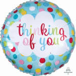 Round blue balloon with polka dots and "thinking of you" text