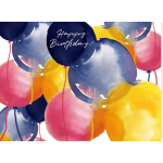 Watercolor birthday card with blue, yellow, and pink balloons and Happy Birthday text.