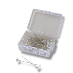 Clear plastic box of decorative crystal-topped pins