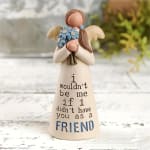 Angel figurine holding blue flowers with a friendship message