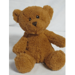 Brown teddy bear plush toy sitting against a white background