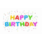 Colorful "Happy Birthday" balloon letters with confetti on a white background