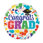 Round graduation balloon with colorful paint splatters and "Congrats Grad" text