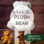 White plush teddy bear with a ribbon, shown with smaller teddy bear options