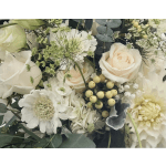 Cream roses and white flowers with eucalyptus and berries in a bouquet