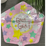 Pink baby girl balloon with colorful stars and text