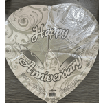 Heart-shaped silver balloon with "Happy Anniversary" text