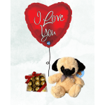 Heart-shaped red balloon with "I Love You," plus a teddy bear and chocolates