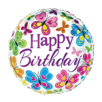 Round birthday balloon with colorful butterflies and purple text