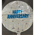 Round foil balloon with "Happy Anniversary" text and star pattern