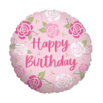 Pink floral birthday balloon with "Happy Birthday" text