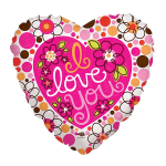 Heart-shaped balloon with "I love you" text and floral dots