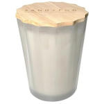 White candle in a frosted glass jar with a wooden lid