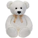 White teddy bear with a checkered ribbon bow