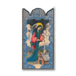 Painted wooden plaque of an angel with halo above a small house, framed by ornate blue scrollwork.