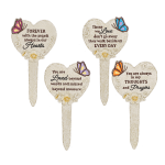 Four heart-shaped memorial picks with butterfly accents and condolence messages