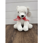 White plush teddy bear with a red ribbon bow
