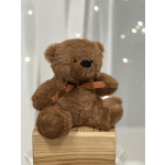 Brown teddy bear with a ribbon sitting on a wooden box
