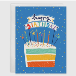 Birthday card with a cake and candles on a blue background