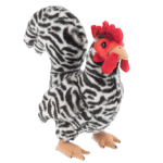 Plush zebra-striped rooster toy on a white background