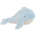 Blue plush whale toy with closed eyes