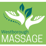 Westborough Massage logo on a green background with stylized hands and leaves