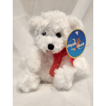 White plush teddy bear with a red ribbon and hanging tag