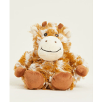 Plush giraffe toy with brown and white fur sitting on a plain background