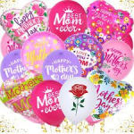 Assorted Mother's Day balloons in pink, purple, and white