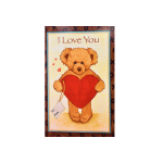 Teddy bear holding a red heart with an "I Love You" message