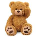 Brown teddy bear plush sitting with one paw raised