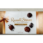 Box of assorted milk and dark chocolates with a gold ribbon design