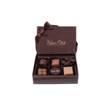 Box of assorted chocolates in a brown gift box with ribbon