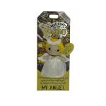 Small angel voodoo doll keychain in yellow and white on branded backing card