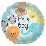 Round baby shower balloon with cartoon animals and "It's a boy!" text