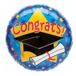 Round graduation balloon with a cap, diploma, and "Congrats!" text