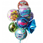 Cluster of colorful thank-you balloons with metallic star balloon