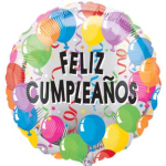 Round birthday balloon with "Feliz Cumpleaños" text and colorful balloons