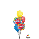 Cluster of colorful birthday balloons with "Feliz Cumpleaños" text