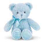 Light blue teddy bear with a satin bow and "Baby's First Bear" on its foot