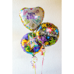 Three colorful foil balloons with congratulatory and special message designs
