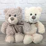 Two plush teddy bears with plaid bows sitting side by side