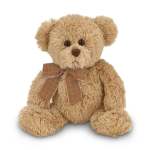 Tan teddy bear with a plaid bow on a white background
