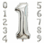 Silver number balloons arranged as 0 through 9 with a large 1 in the center