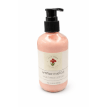 Bottle of watermelon goat milk lotion with a black pump