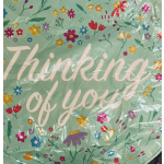 Mint-green floral gift bag with the words "Thinking of you"