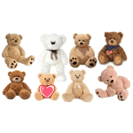 Assorted teddy bears in different colors and poses on a white background.