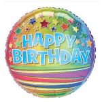 Round rainbow balloon with "Happy Birthday" text and stars