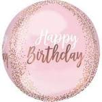 Pink birthday balloon with gold confetti border