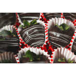 Box of chocolate-covered strawberries in red and white paper cups
